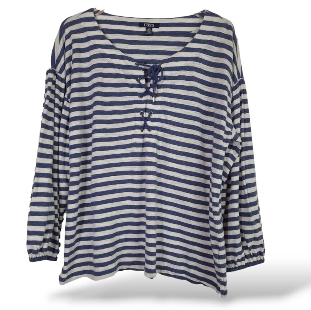 Chaps SZ L Top Nautical Striped Bell Sleeve Lace-up Neckline Cotton Blue